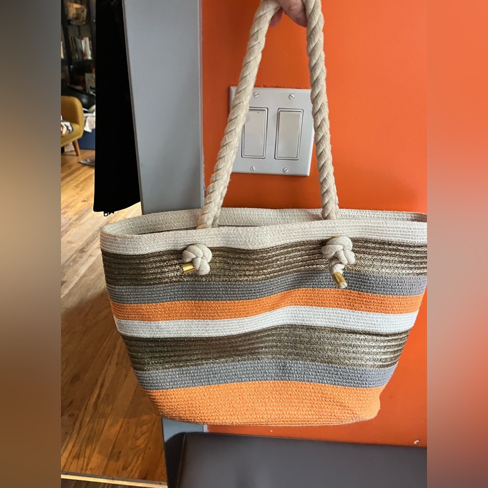 Cutest tote bag, sustainable paper straw fiber, gray, orange, cream, gold